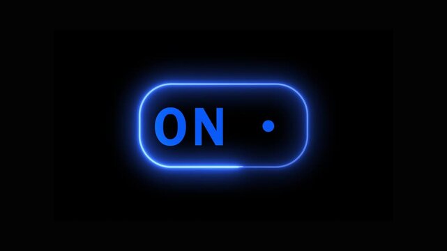 Glowing yellow neon 'ON' toggle switch animation with sliding blue circle on a black background, activation, power control, user interface, or system status