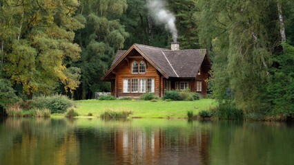 Obraz premium Wooden cabin with smoke rising by tranquil forest lake.