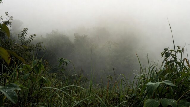 Grassy hillside shrouded in fog mountain valley morning.