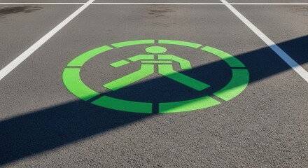 Green Pedestrian Crossing Symbol Painted On Asphalt Surface With Sharp Shadows