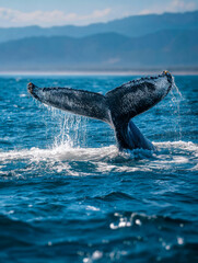 Majestic whale tail splashing water gracefully above ocean surface with distant mountain range under a bright blue sky on a sunny day