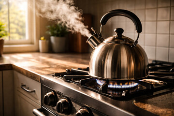 stainless steel kettle on gas stove with steam in kitchen