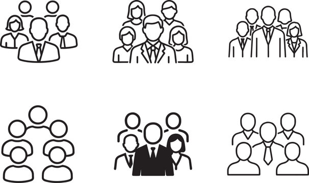Employee team outline icon set. Five people group line signs editable stroke vector pictograms.
