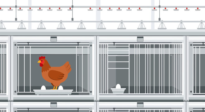 Chicken in a cage laying eggs on a farm.
