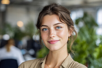 Fototapeta premium Portrait of a confident young woman with blue eyes and natural makeup smiling warmly in a modern office environment filled with plants and soft lighting