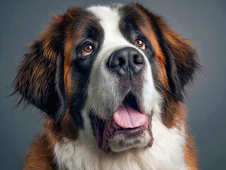 Portrait of a large Saint Bernard dog with expressive eyes and open mouth against a neutral grey background in a studio setting