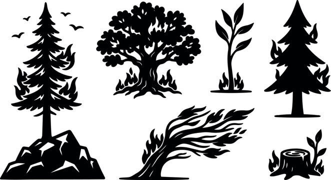 Flat silhouette vector burning trees and small sapling on rocky slope with windswept charred trunk in wildfire scene dusk smoke