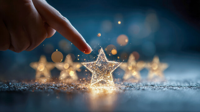 Hand gently touching one glowing sparkling star among a row of illuminated stars symbolizing rating, quality, or achievement on a dark reflective surface with bokeh