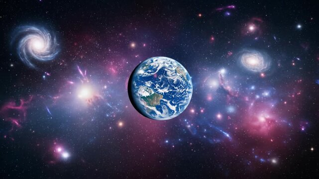 A vibrant depiction of Earth surrounded by a kaleidoscope of galaxies, stars, and celestial bodies in a vast, colorful cosmos