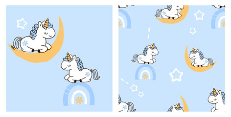 Naklejka premium Seamless unicorn pattern with cute unicorn on crescent moon and rainbow illustration.