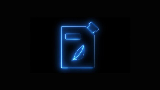 Glowing neon outline animation of a jerrycan with a leaf symbol on a black background, eco fuel, green energy, biofuel, sustainability, or renewable resources