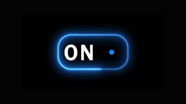 Glowing neon 'ON' toggle switch animation with a blue indicator on a black background, power, control, activation, interface, or technology