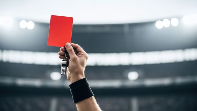 Close up of football referee holding red card and whistle during match. World cup