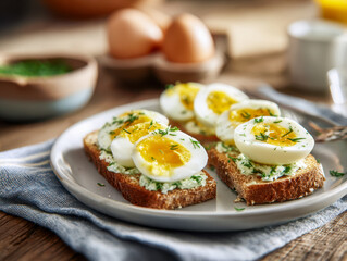 Soft boiled eggs sliced and placed on herb cream cheese spread over rustic whole grain bread slices served on a white plate for breakfast or brunch meal