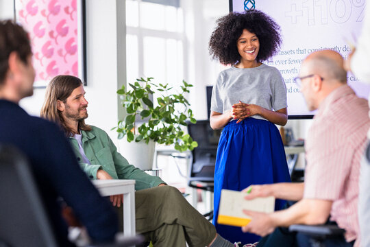 Confident Presenter Leads Diverse Team Meeting