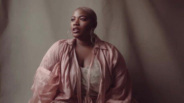 Elegant plus-size woman with headscarf and large hoop earrings poses in a soft pink outfit