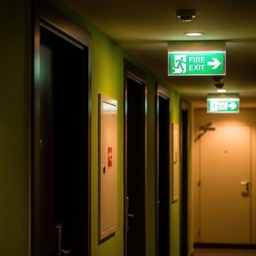 Illuminated Hallway with Emergency Exit Signs Guiding to Safety in a Building Interior