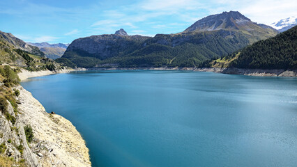 Obraz premium Lake Lac du Chevril in the mountain landscape, French Alps, Tignes, Savoie, France, Europe.