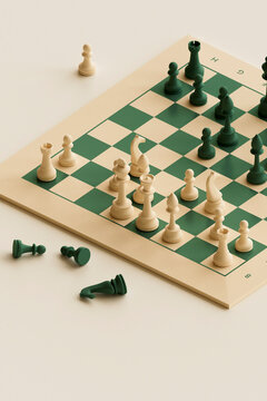 3D render of chessboard mid-game with captured pieces