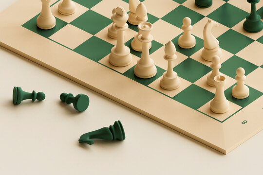 3D render of fallen chess pieces during gameplay