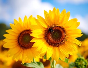 Obraz premium Two Sunflowers in Full Bloom Field.