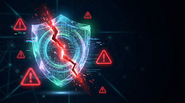 broken digital shield with red glowing crack and warning signs representing cyber security breach data theft hacking attempt network vulnerability and information technology system failure