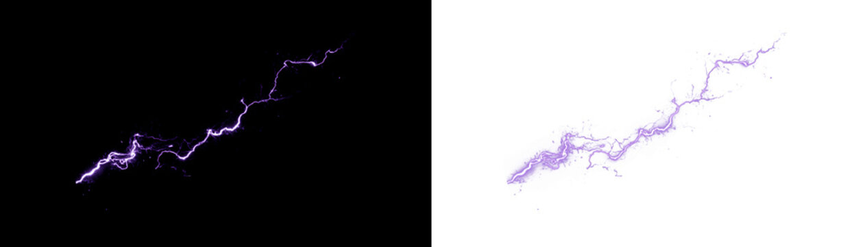 Pink lightning flashes in the dark night against a transparent background. Lightning flash effect in a thunderstorm isolated PNG file.