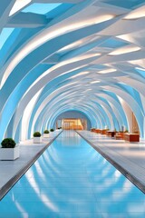 Fototapeta premium Futuristic blue tunnel corridor with arched arches and glowing lines leading to a modern lounge area