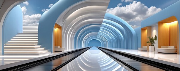 Fototapeta premium Futuristic blue tunnel subway station with glowing arches and reflective rails welcomes travelers
