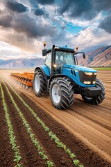 Fototapeta premium Blue tractor in field planting seeds with seed drills against mountainous landscape during sunset drama