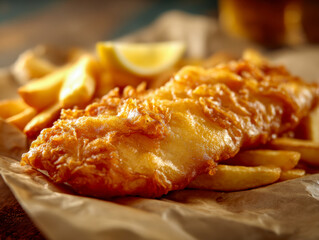 Golden crispy battered fish served with thick cut fries and a wedge of lemon on rustic paper for a classic comfort meal experience