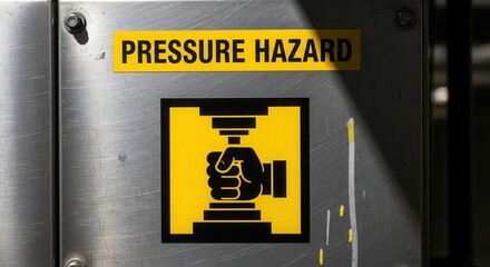 Industrial Warning Sign: Depicting Pressure Hazard Symbol On Metal Surface