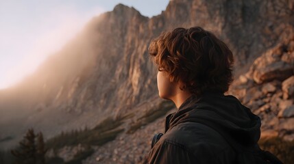 Naklejka premium A person with curly hair looks towards a misty sunlit mountain range at golden hour