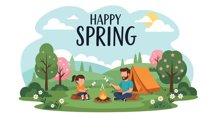 Modern vector illustration of family camping in forest during spring holiday with tent and campfire. Outdoor adventure lifestyle concept with parents and kids enjoying nature vacation together © Amie