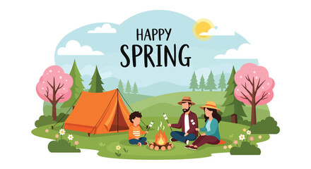 Modern vector illustration of family camping in forest during spring holiday with tent and campfire. Outdoor adventure lifestyle concept with parents and kids enjoying nature vacation together © Amie