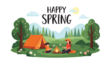 Modern vector illustration of family camping in forest during spring holiday with tent and campfire. Outdoor adventure lifestyle concept with parents and kids enjoying nature vacation together © Amie