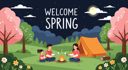 Modern vector illustration of family camping in forest during spring holiday with tent and campfire. Outdoor adventure lifestyle concept with parents and kids enjoying nature vacation together © Amie
