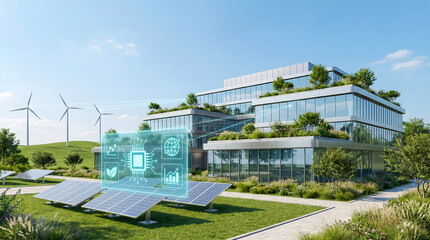 Naklejka premium sustainable smart building with green roof solar panels and wind turbines representing renewable energy efficiency and eco friendly architecture with digital interface icons