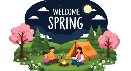 Modern vector illustration of family camping in forest during spring holiday with tent and campfire. Outdoor adventure lifestyle concept with parents and kids enjoying nature vacation together © Amie