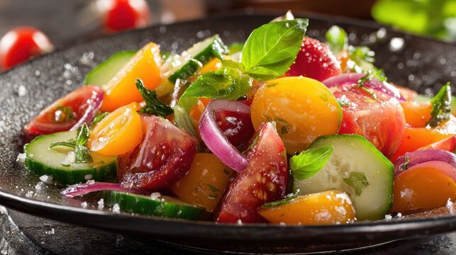 Vibrant medley of fresh chopped vegetables seasoned with herbs and salt served on a dark plate
