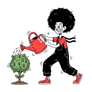 Cartoon Gardener Watering Money Tree Illustration.