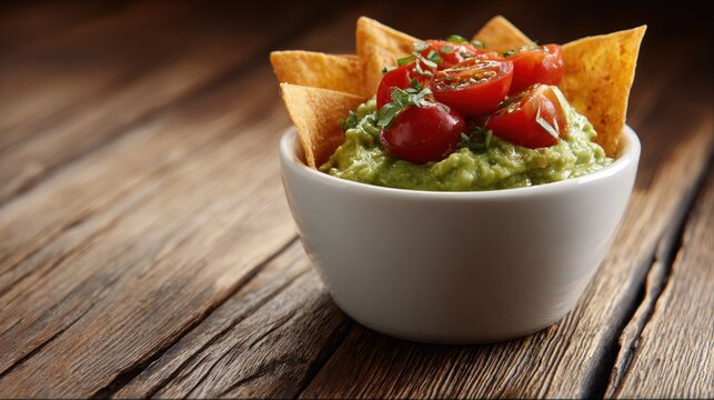 Freshly prepared dip with corn chips arranged in a small bowl on a rustic wooden surface