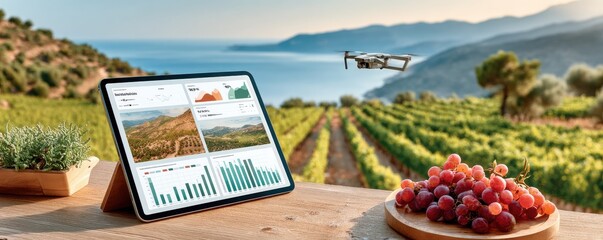 Naklejka premium Tablet displaying data dashboards on a vineyard terrace with a drone and grape plate in view