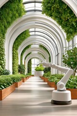 Naklejka premium Robotic arm harvesting vegetables in an indoor greenhouse corridor with lush greenery modern architecture design
