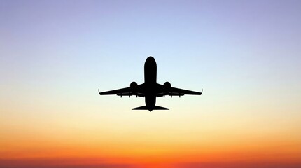Naklejka premium Silhouette of passenger jet ascending against gradient sunrise sky