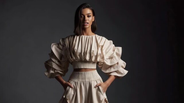 Elegant woman in a beige ruffled crop top and skirt, posing with hands in pockets