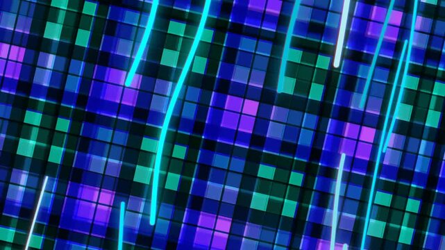 Vibrant neon grid pattern with colorful squares and glowing lines.