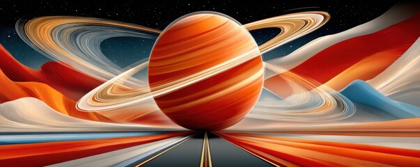 Fototapeta premium Abstract digital illustration of a glowing ringed planet above a vibrant surreal landscape