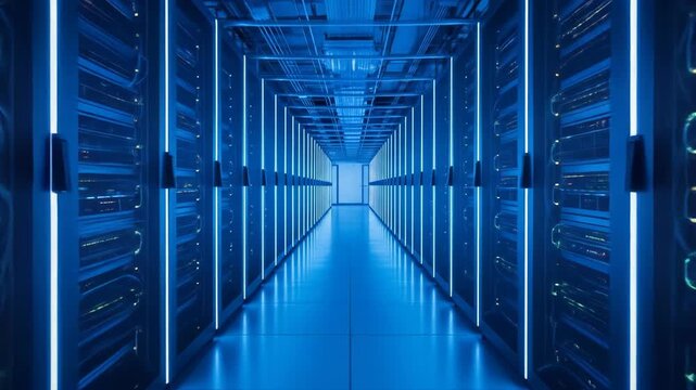 A futuristic server room with rows of glowing blue server racks receding into the distance