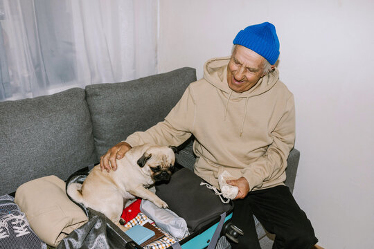 A pug climbed into an open suitcase